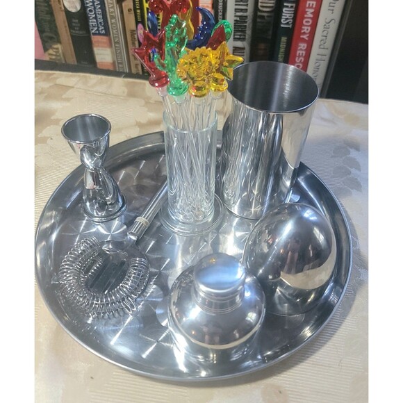 Bartending Tools w Silver Tray Cocktail Shaker Strainer Jigger Stirs Bar Spoon - Picture 5 of 16